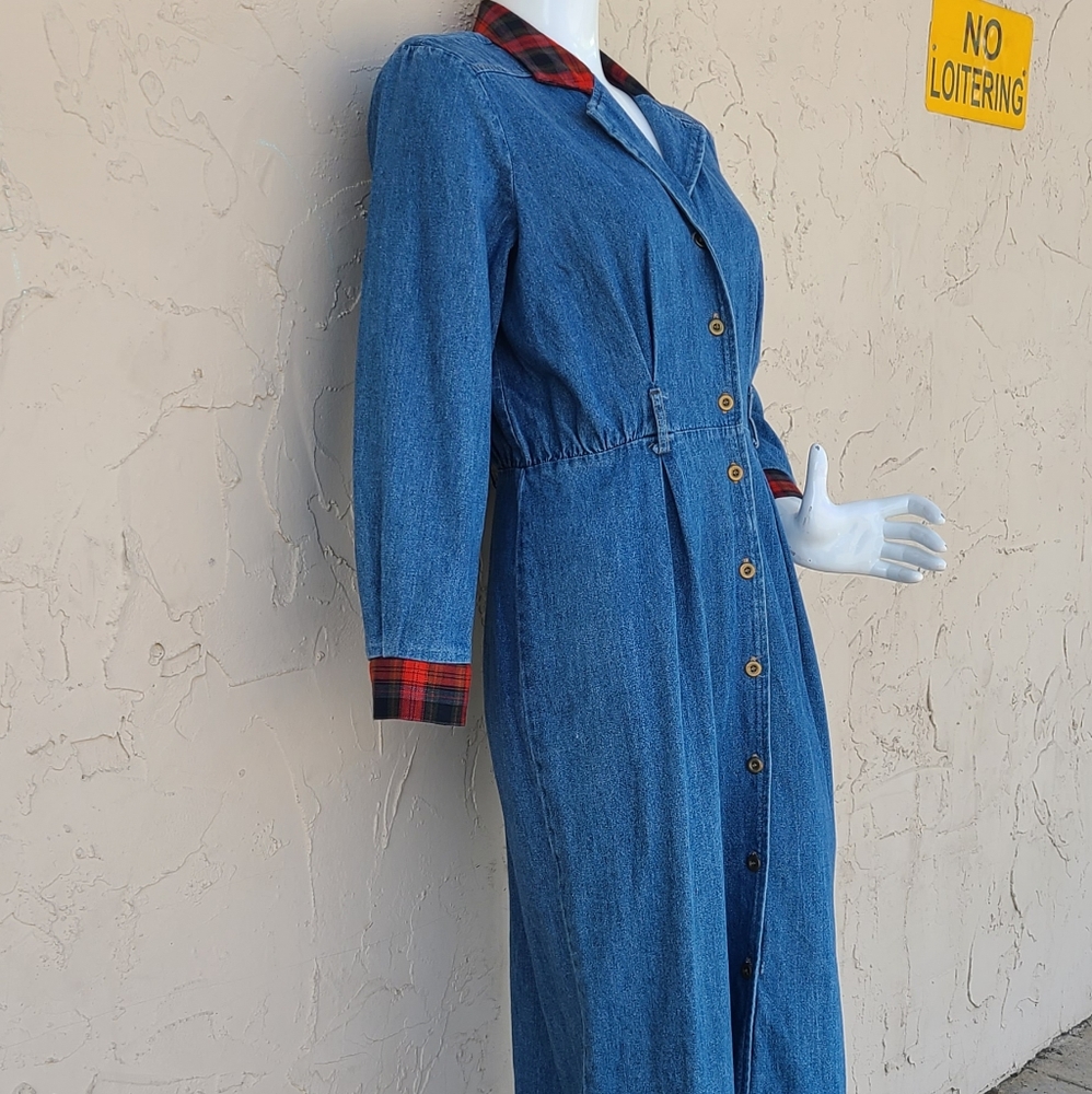 SOLD Vintage Plaid and Blue Jean Long Sleeve Dress - Picture 2 of 9